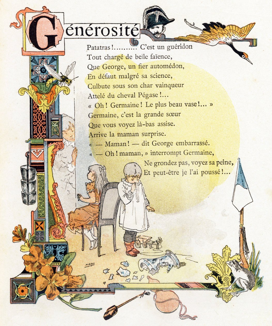 G Generosite - Gendarme Grue Guepe Godets Giroflee Gourde Grenouille - "Alphabet des bons exemples "のエングレーヴィング - Jules Levy, editeur - Henri Boulanger, alias Henri Gray (1858-1924) のイラスト。P.ブーランジェ夫人によるテキスト（詩） - エングレーヴィングとi 作： アンリ (1858-1924) グレー