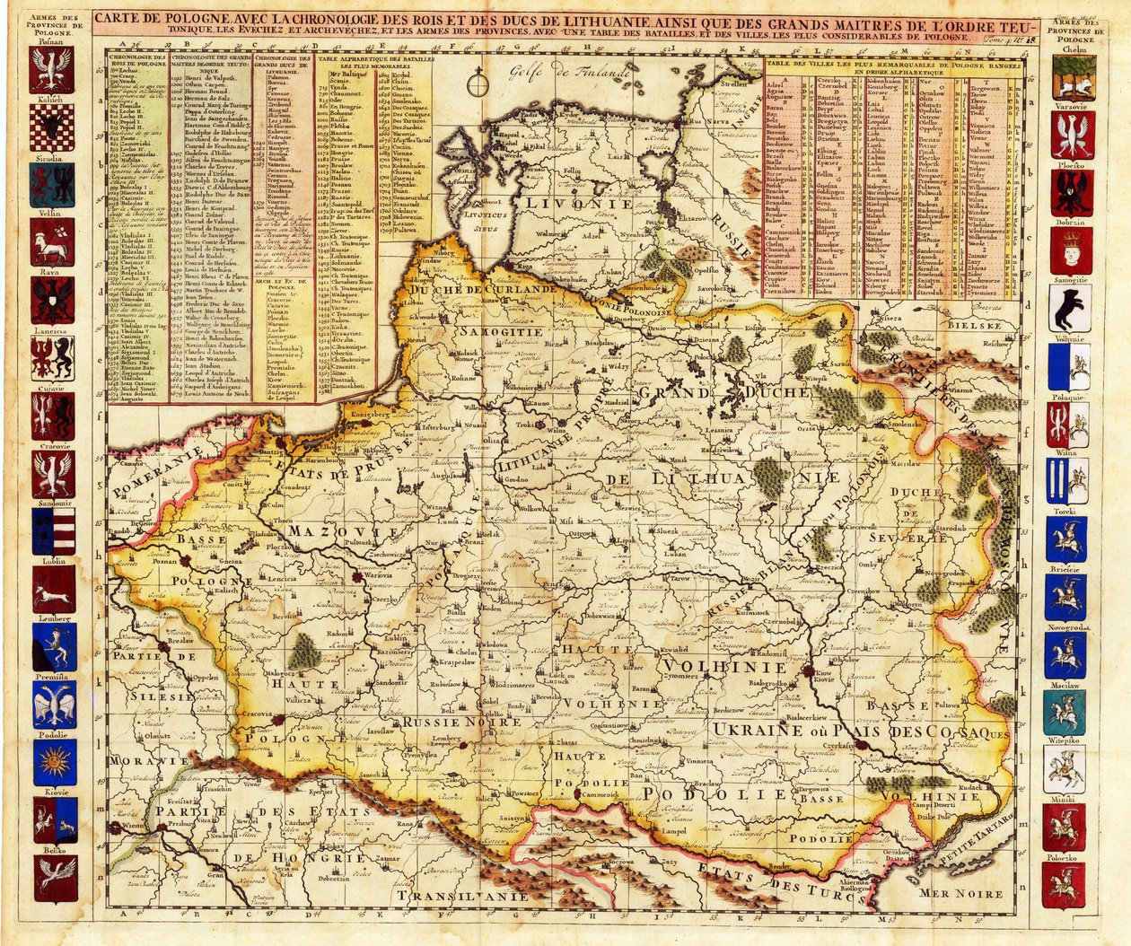 ポーランドの地図には、アンリ・アブラハム (1684-1743) によるリヴォニアとモスクワ大公国の一部が含まれています。 エッチング、水彩 作： アンリ・アブラハム・シャトラン