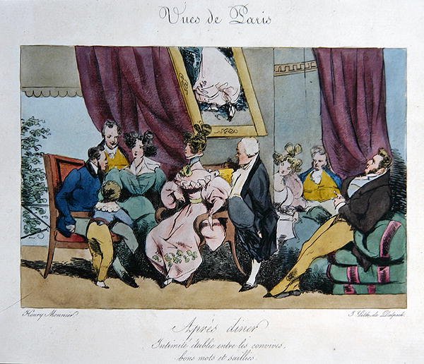 フランソワ・セラフィン・デルペッシュ（1778-1825）が彫った「Vues de Paris, esquisses morales et philosophiques」のための漫画で、夕食後のゲストの行動や会話をユーモラスに描いたもの（カラーリトグラフ）。 作： アンリボナベンチャー（後）モニエ