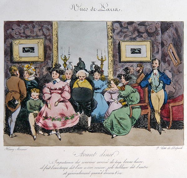 フランソワ・セラフィン・デルペッシュ（1778-1825）が彫った、ディナー前のゲストの行動や会話をユーモラスに描いた作品（カラーリトグラフ） 作： アンリボナベンチャー（後）モニエ