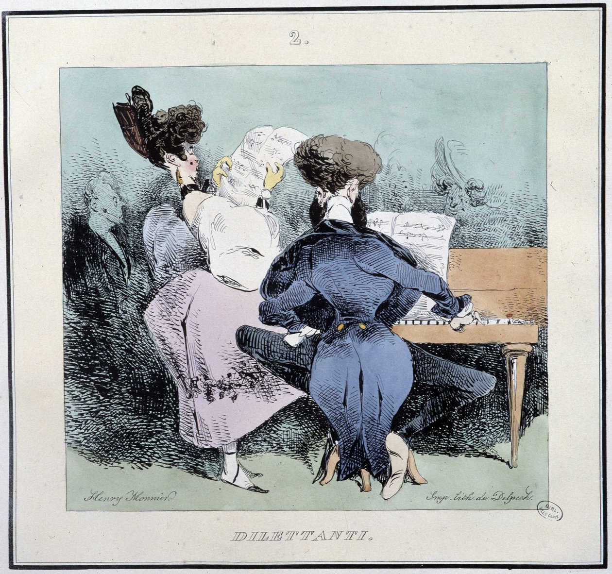 ディレッタント（歌い、ピアノを弾く若者たち）-アンリ・モニエ著「Esquisses parisiennes」（デルペッシュ編、パリ）より 作： アンリ・ボナベンチャー・モニエ