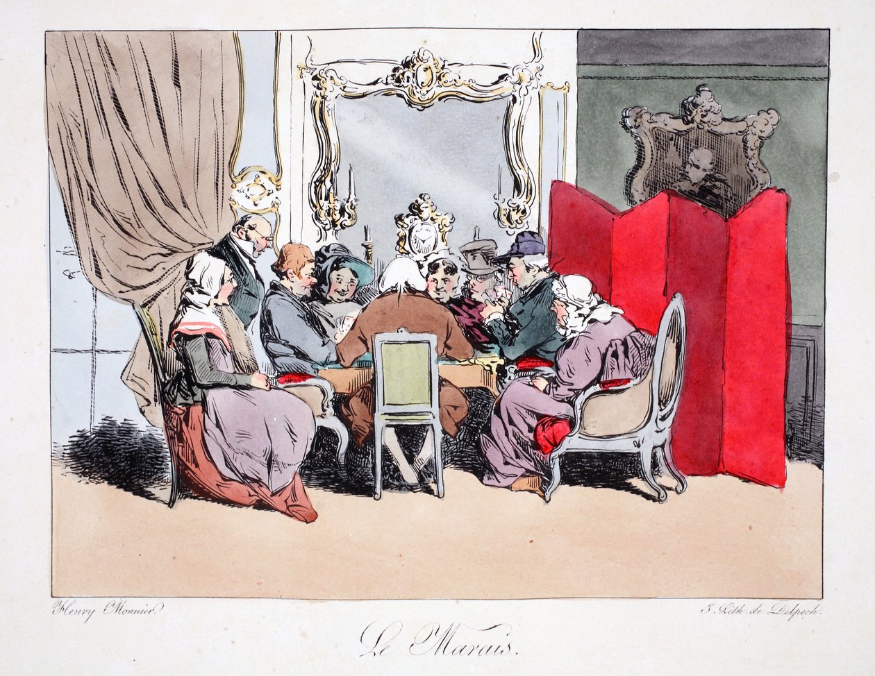 Le Marais、FS DelpechによってリトグラフされたHenri Monnierによる &39;Six Quartiers de Paris&39;のイラスト、パブ。パリ、1828年頃（手塗りのリト） 作： アンリ・ボナベンチャー・モニエ
