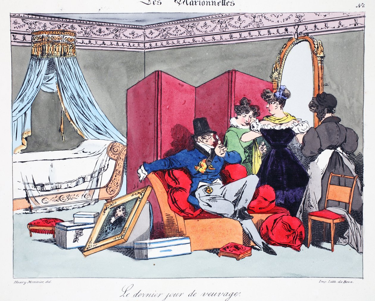 未亡人の最後の日、パブDelpechによってリトグラフされたHenri Monnierによる「Les Marionnettes」のイラスト。パリ、1828年頃（手塗りのリト） 作： アンリ・ボナベンチャー・モニエ
