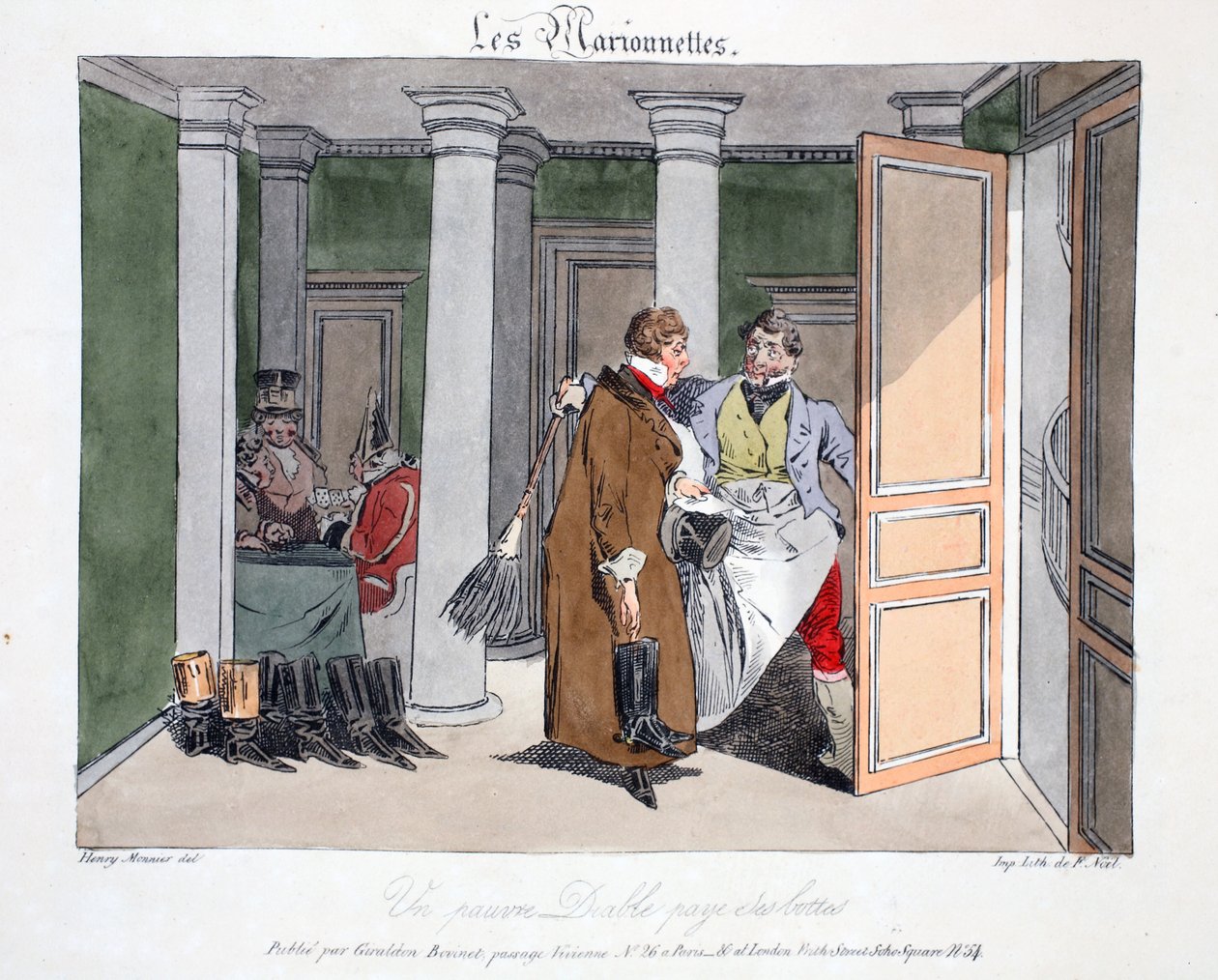 かわいそうな悪魔がブーツの代金を払っています。イラストは、アンペモニエの「Les Marionnettes」からのイラストで、パブのDelpechによってリトグラフされています。パリ、1828年頃（手塗りのリト） 作： アンリ・ボナベンチャー・モニエ