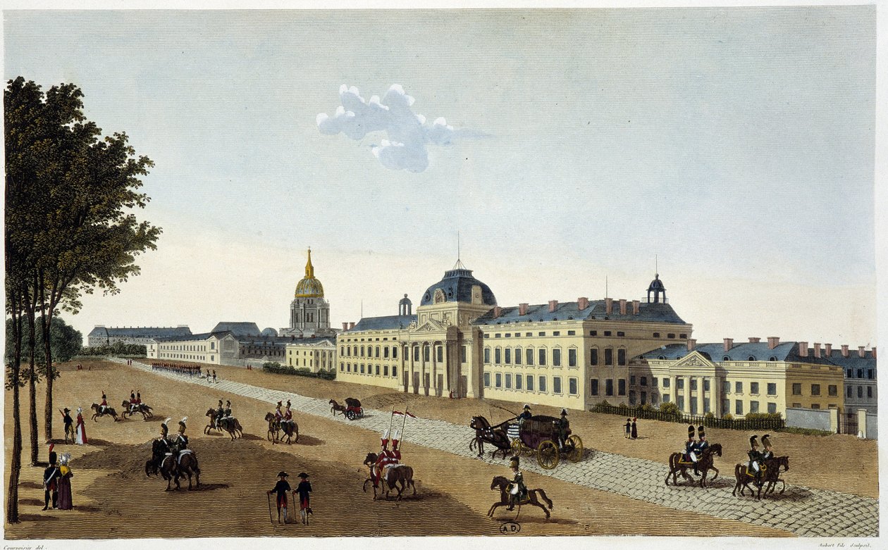 シャン・ド・マルス側の陸軍士官学校の眺め（1820年頃） - クルヴォワジエの「Vues de Paris」より 作： アンリクルボアジェ-ヴォイシン