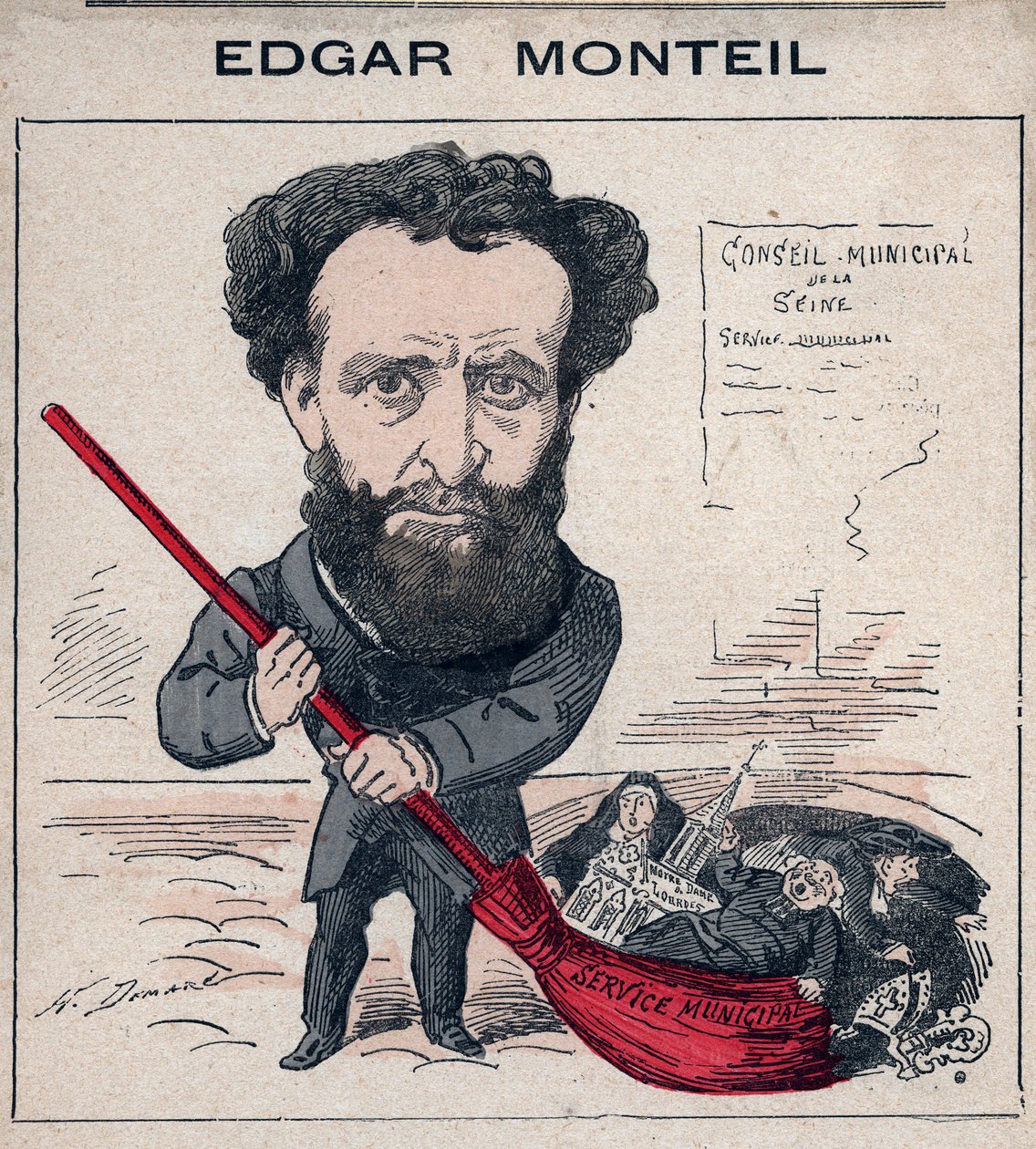 エドガー・モンテイユ（1845-1926） フランスの作家、フリーメーソン - パリの「今日の人びと」に掲載されたアンリ・デマールの風刺画 作： アンリ・デマーレ