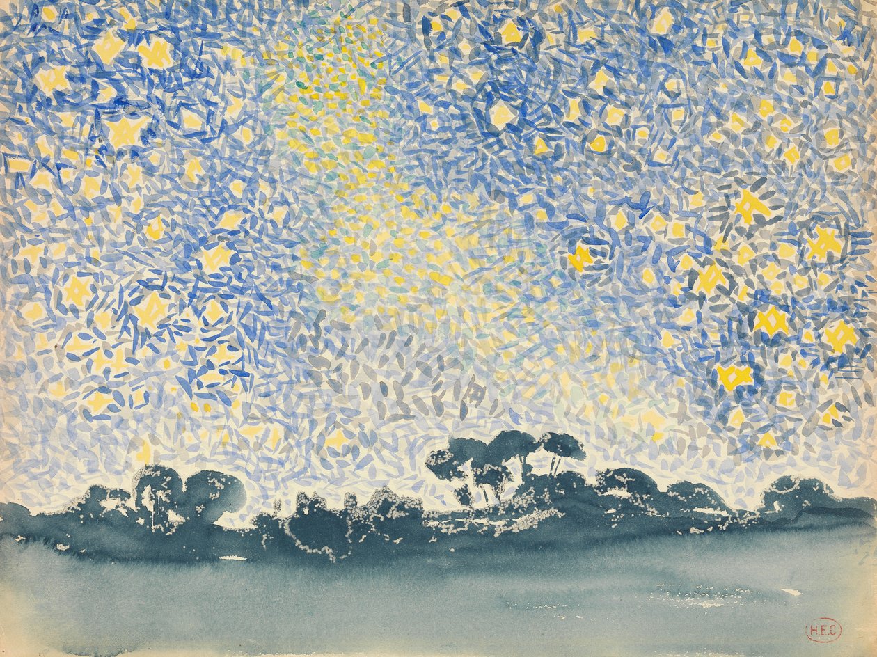 星のある風景、c.1905-08（白い織り紙のグラファイトの上にトイレ） 作： アンリ・エドモンド・クロス