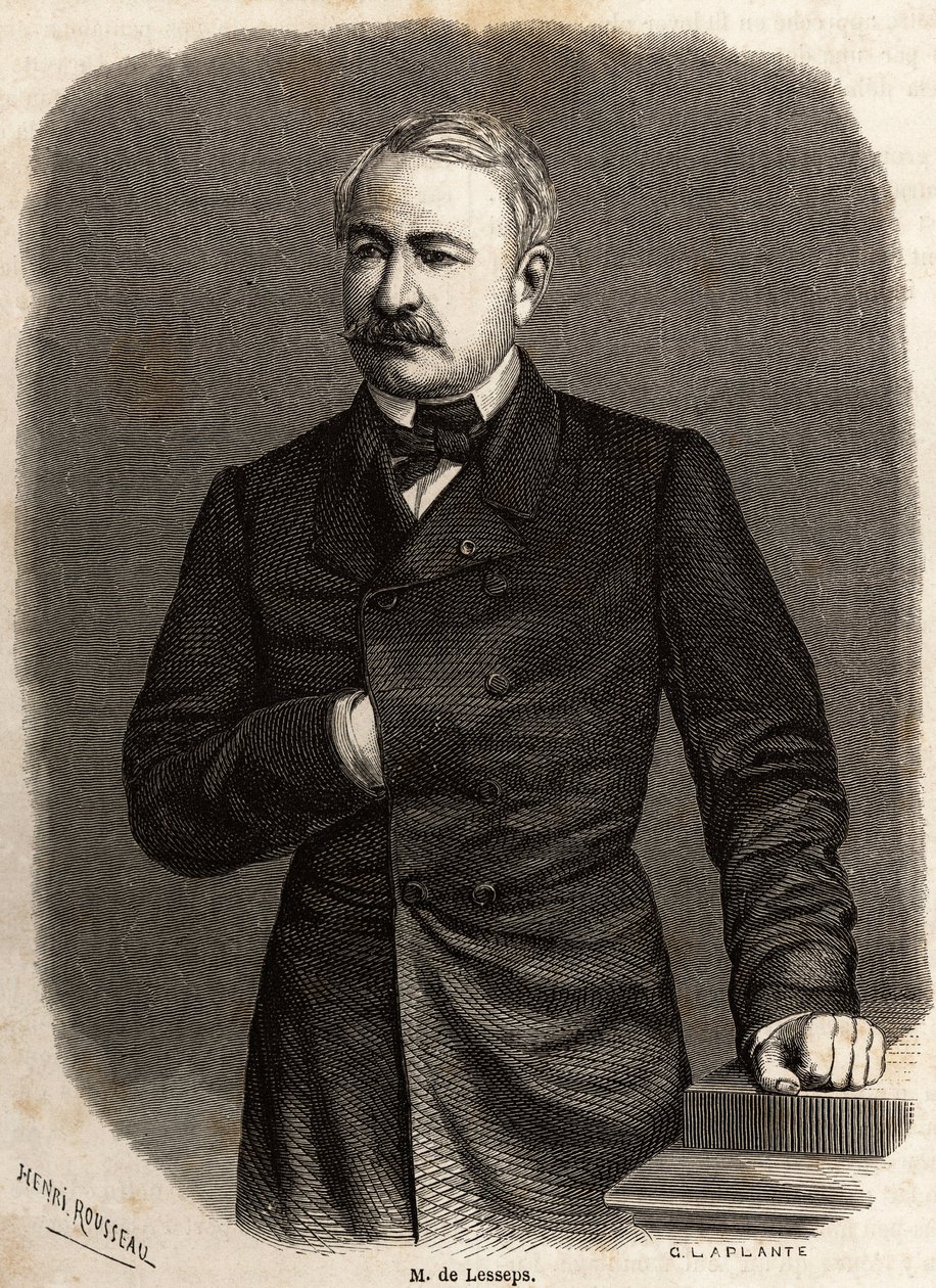 スエズ運河とパナマ運河という2つの野心的なプロジェクトを推進した、外交官であり起業家でもあるフェルディナン・ド・レセップス（1805-1894）の肖像画、アンリ・ルソーによるデッサン、1862年にポール・メルローが行ったスエズ運河への小旅行を説明するためのもの。" のエングレーヴィング 作： アンリ・エミリアン・ルソー