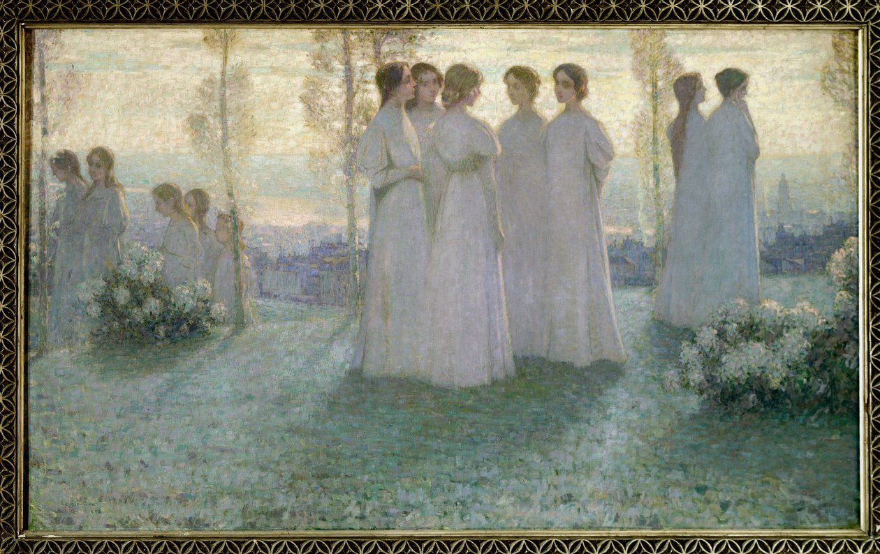日曜日に、白い服を着た女性が庭で話をしている - Henri Eugene (Henri-Eugene) Le Sidaner (1862-1939)の絵画 作： アンリ・ユージン・オーギュスタン・ル・シダネル