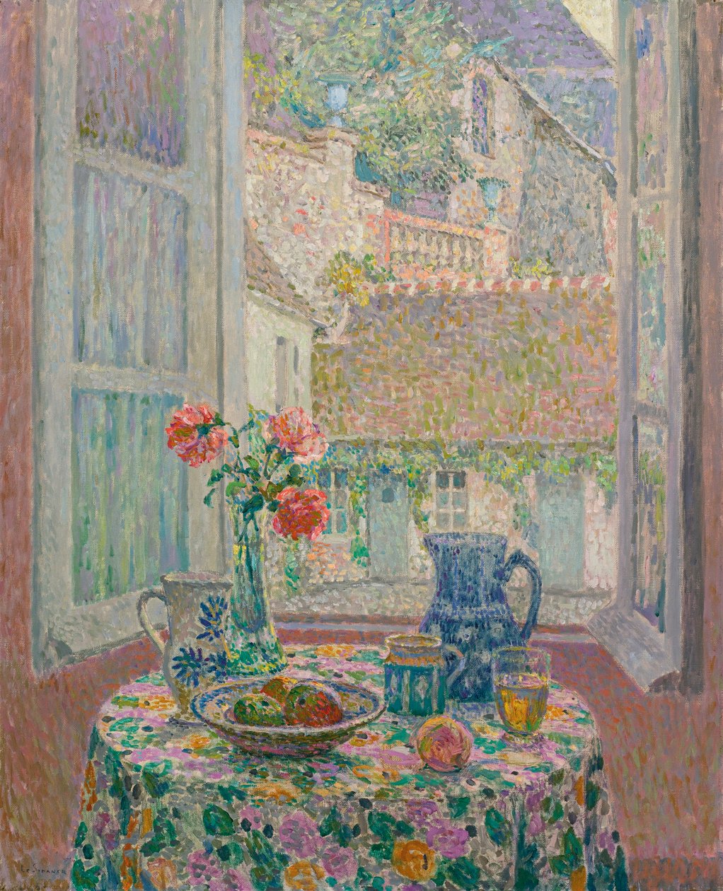 Table donnant sur la cour - 中庭を見下ろすテーブル - Henri Le Sidaner (1862-1939)の絵画 作： アンリ・ユージン・オーギュスタン・ル・シダネル