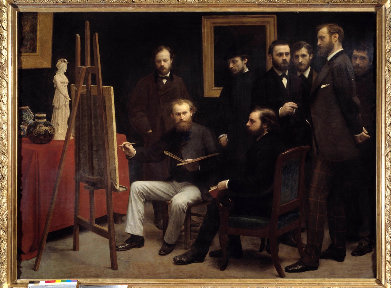 Eine Werkstatt in den Batignolles. Unter den anwesenden Personen: Otto Scholderer, Edouard Manet (1832-1883) in der Mitte sitzend, Pierre Auguste Renoir (1841-1919), Zacharie Astruc (1835-1907), Emile Zola (1840-1902), Edmond Maitre (1840-1888), Frederic B von Ignace Henri Jean Fantin-Latour