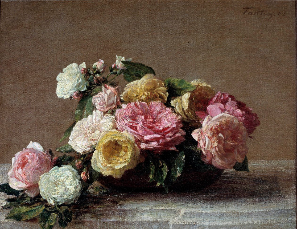 カップの中のバラの花 アンリ・ファンタン・ラトゥール（Fantin-Latour）の絵画 作： イグナス・アンリ・ジャン・ファンタン・ラトゥール