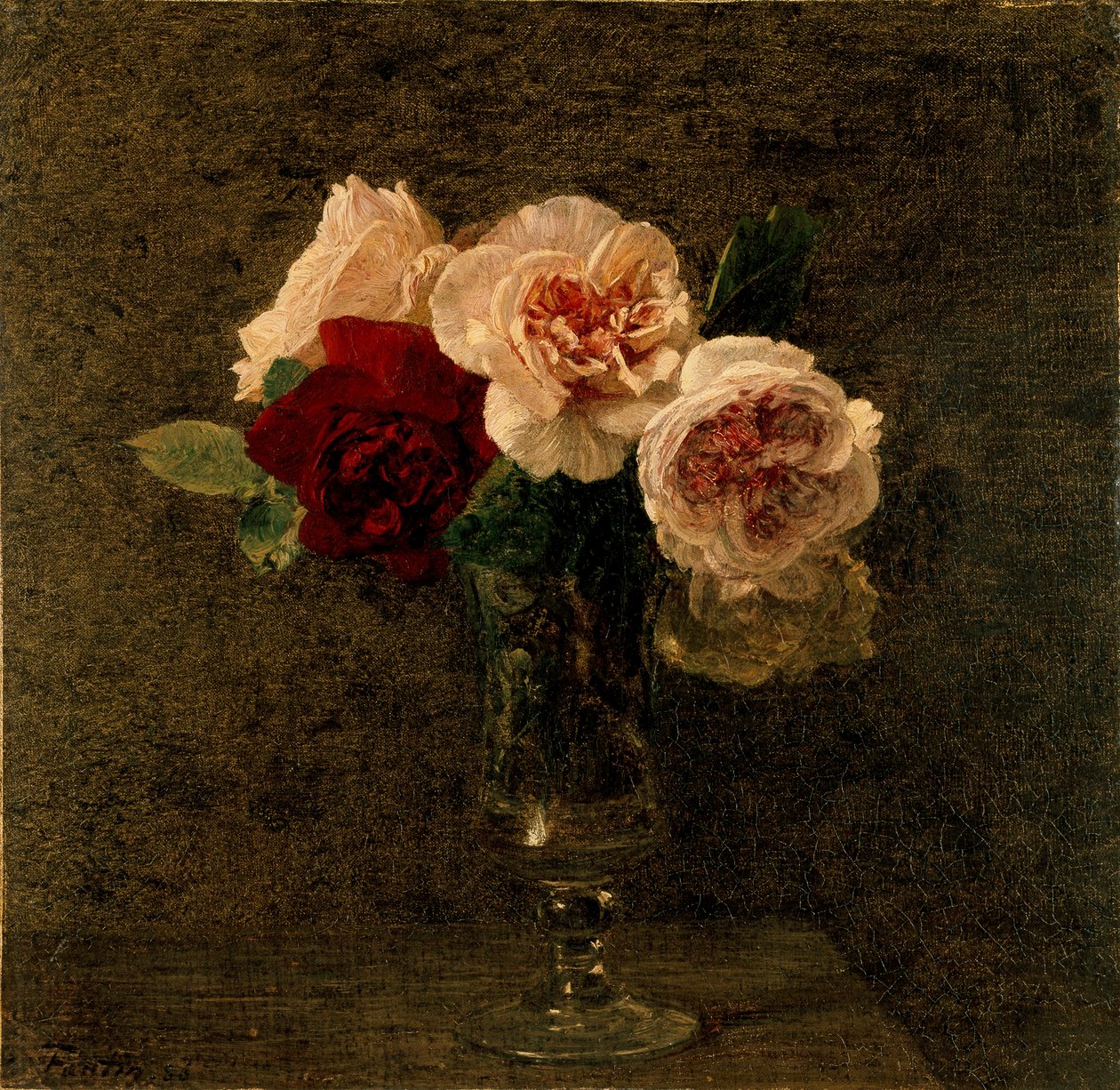 静物画：ピンクと赤のバラ、1886年 作： イグナス・アンリ・ジャン・ファンタン・ラトゥール