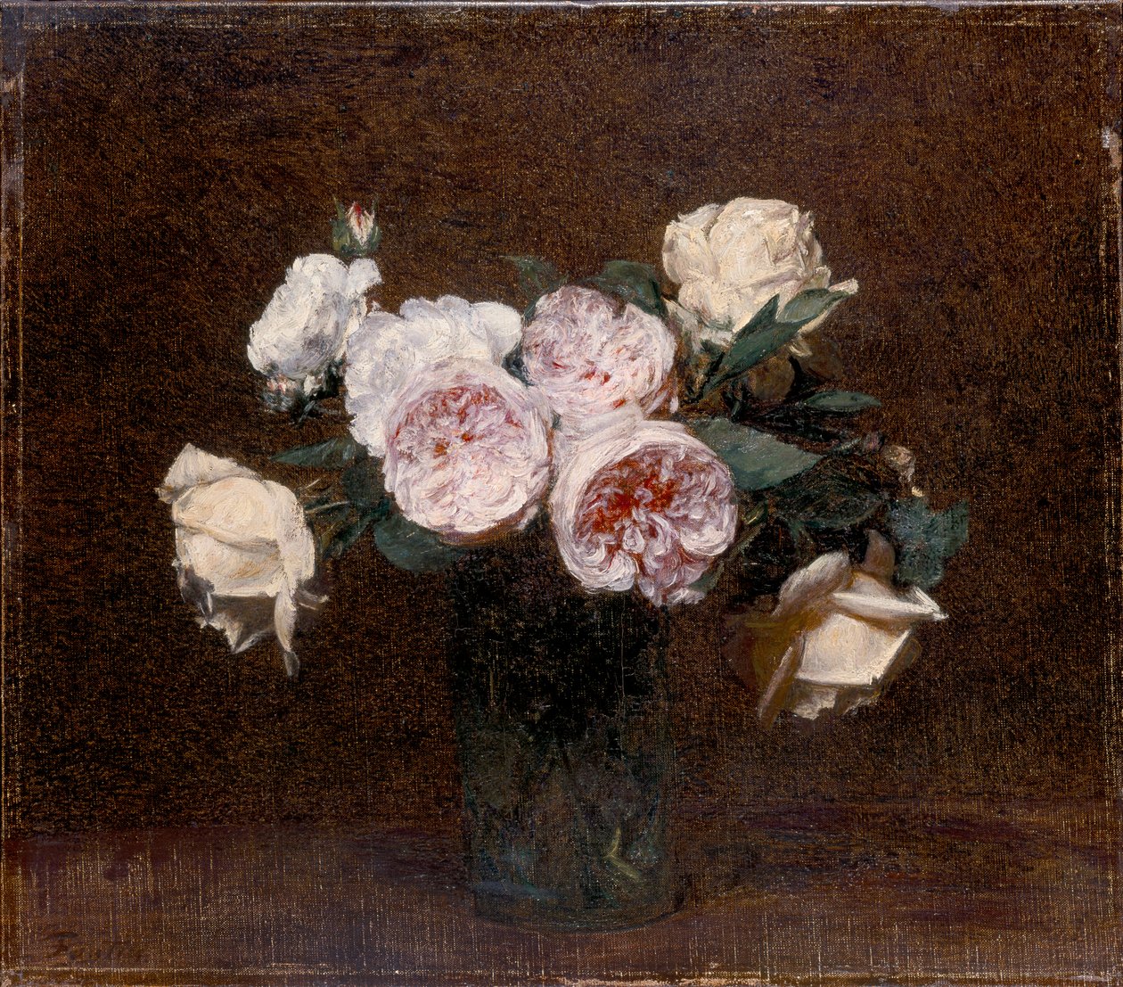 静物画：ピンク、白、黄色のバラ 1894年 作： イグナス・アンリ・ジャン・ファンタン・ラトゥール