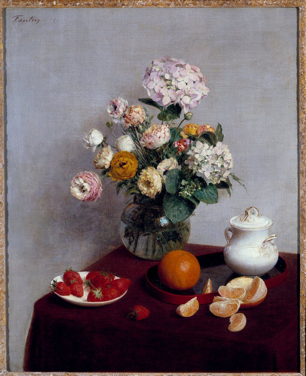 アンリ・ファンタン・ラトゥール（Fantin-Latour）の夏の花と果実の絵 作： イグナス・アンリ・ジャン・ファンタン・ラトゥール