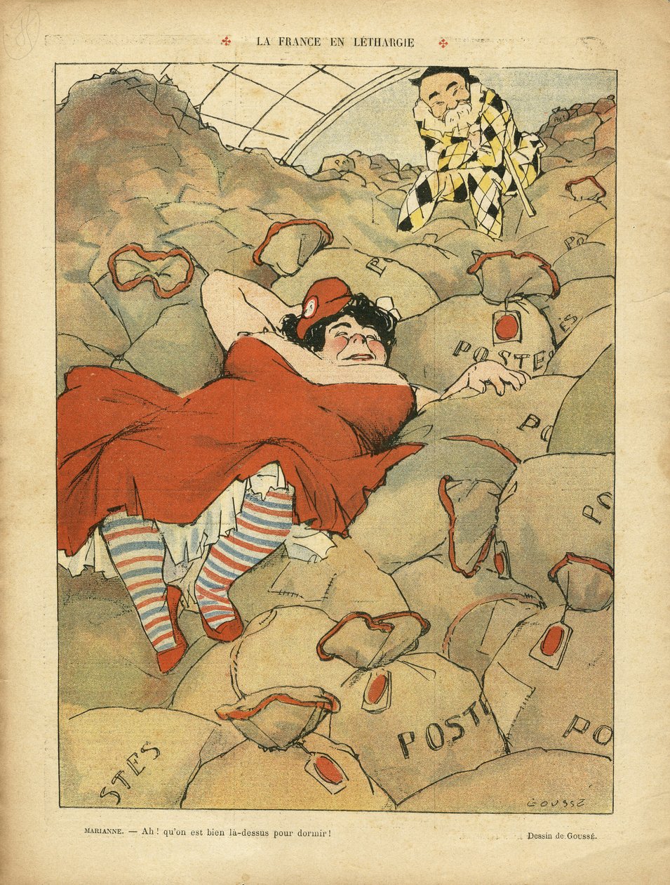 Le Rire、03/04/09 - La France en lethargie - Social, Greve, Courier La Poste Postal - Clemenceau George、Marianne の Henri Gousse (1872-1914) のイラスト 作： アンリ・グース