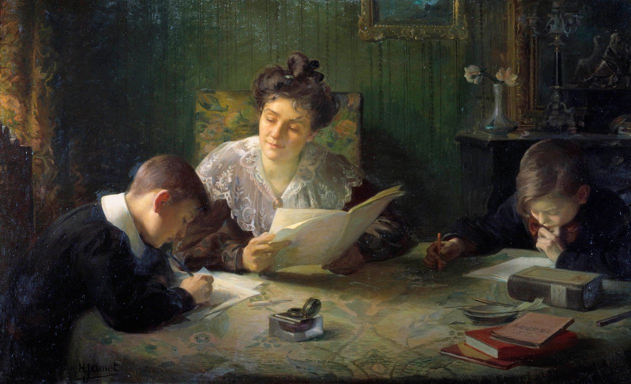 宿題 母親は子供たちが宿題をするのを手伝います。 アンリ・ジャメ (1858-1940) の絵画 20 世紀のオルレアン、ボザール美術館 作： アンリ・ジャメ