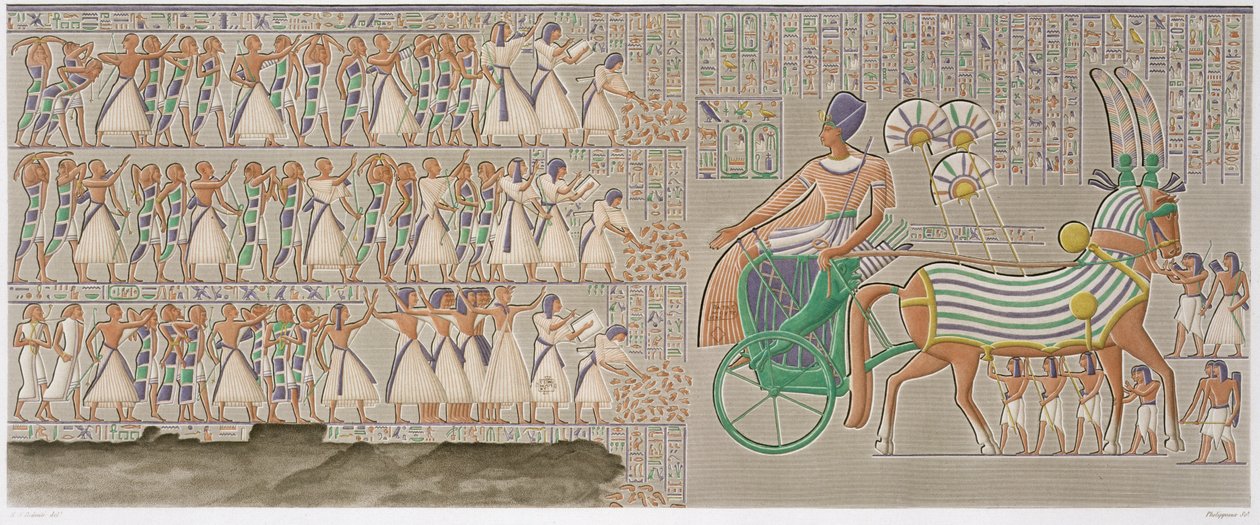 アントワーヌ フェリポー (b.1767) 1822 (アクアティント) によって彫刻された、「エジプトの説明」の第 2 巻のプレート 12、宮殿のペリスタイルの南ギャラリーからの色付きのベース レリーフ。 作： Henri Joseph (後) Redoute