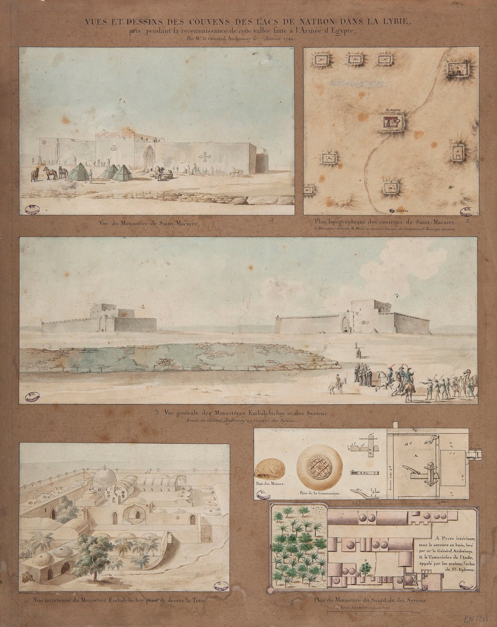 1799年のアンドレオシー将軍率いるエジプト軍の偵察任務中に作成されたリビアのナトロン湖の6つの図と絵（紙、ペン、インク、トイレ） 作： ピエール・ジョゼフ・ルドゥーテ