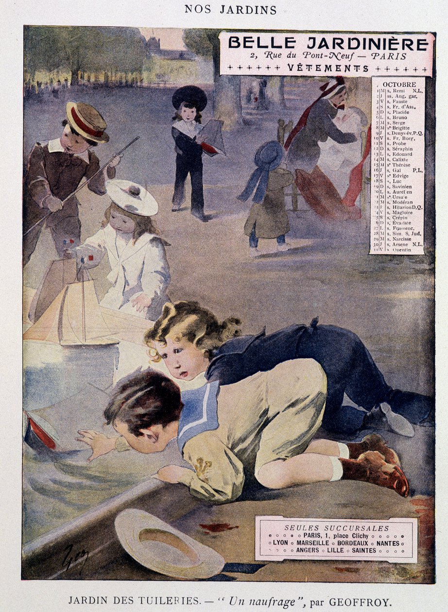 チュイルリー公園で舟遊びをする子供たち ジャン・ジョフロワ（1853-1924）作 カレンダー "Belle Jardiniere"、シリーズ "Nos Jardins"、10月、n.d. v.1900. 作： アンリ・ジュール・ジャン・ジョフロワ