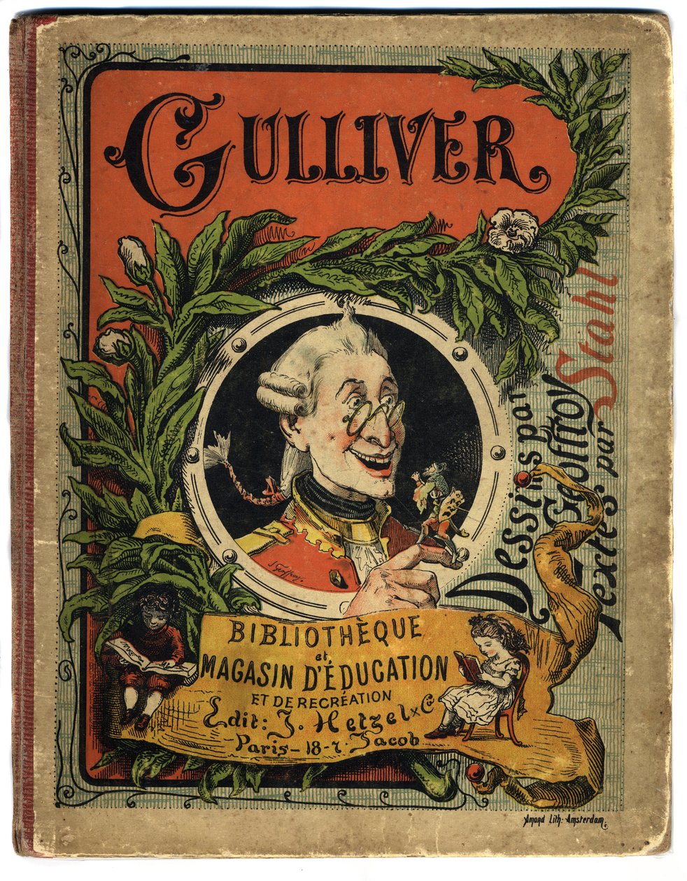 レミュエル・ガリバーの肖像。ジョナサン・スウィフト（1667-1745）の『ガリバー旅行記』の表紙 作： アンリ・ジュール・ジャン・ジョフロワ
