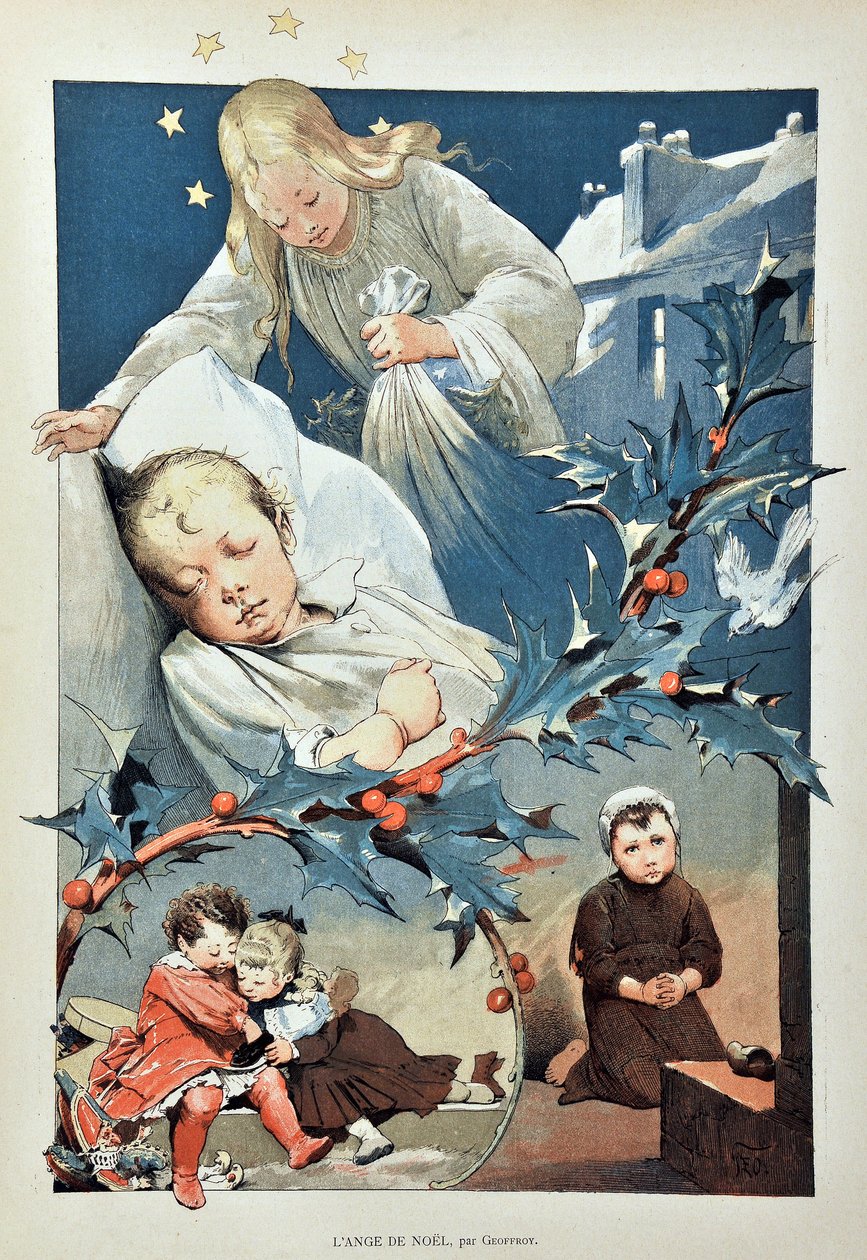 クリスマスの天使。ジャン・ジェフロイ（1853-1924）によるイラスト 1887年「Paris-Illustrous journal weekly」に掲載されたエングレーヴィング。 作： アンリ・ジュール・ジャン・ジョフロワ