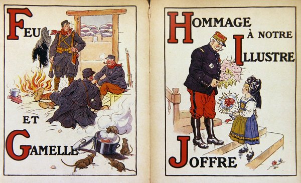火と混乱のスズ、そしてジョッフル元帥へのオマージュ、「Alphabet de la Guerre」のイラスト 作： アンリ・ラノス