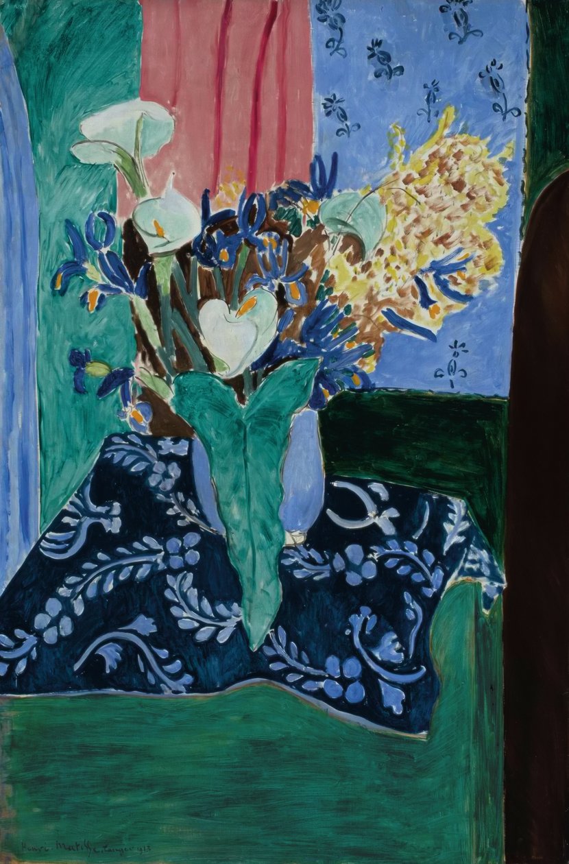 アルム、アイリス、ミモザ（青いテーブルクロスに青い花瓶の花々） 作： アンリ・マティス