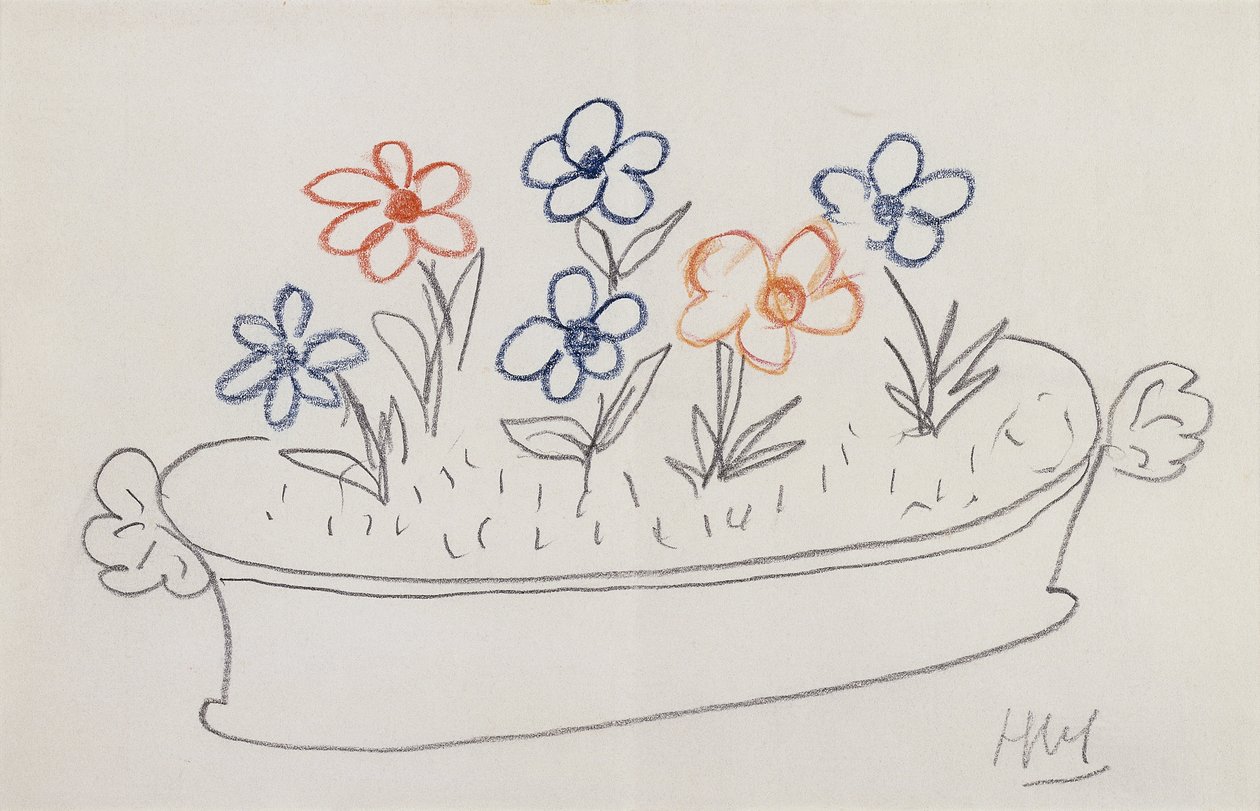 いくつかの花（紙に鉛筆とカラークレヨン） 作： アンリ・マティス
