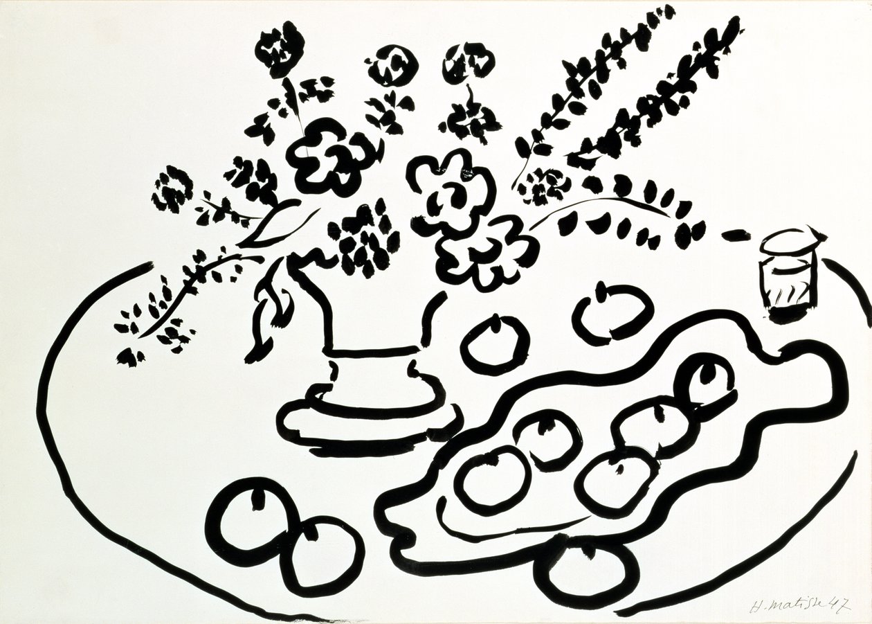 花瓶と果物皿のある静物画 作： アンリ・マティス