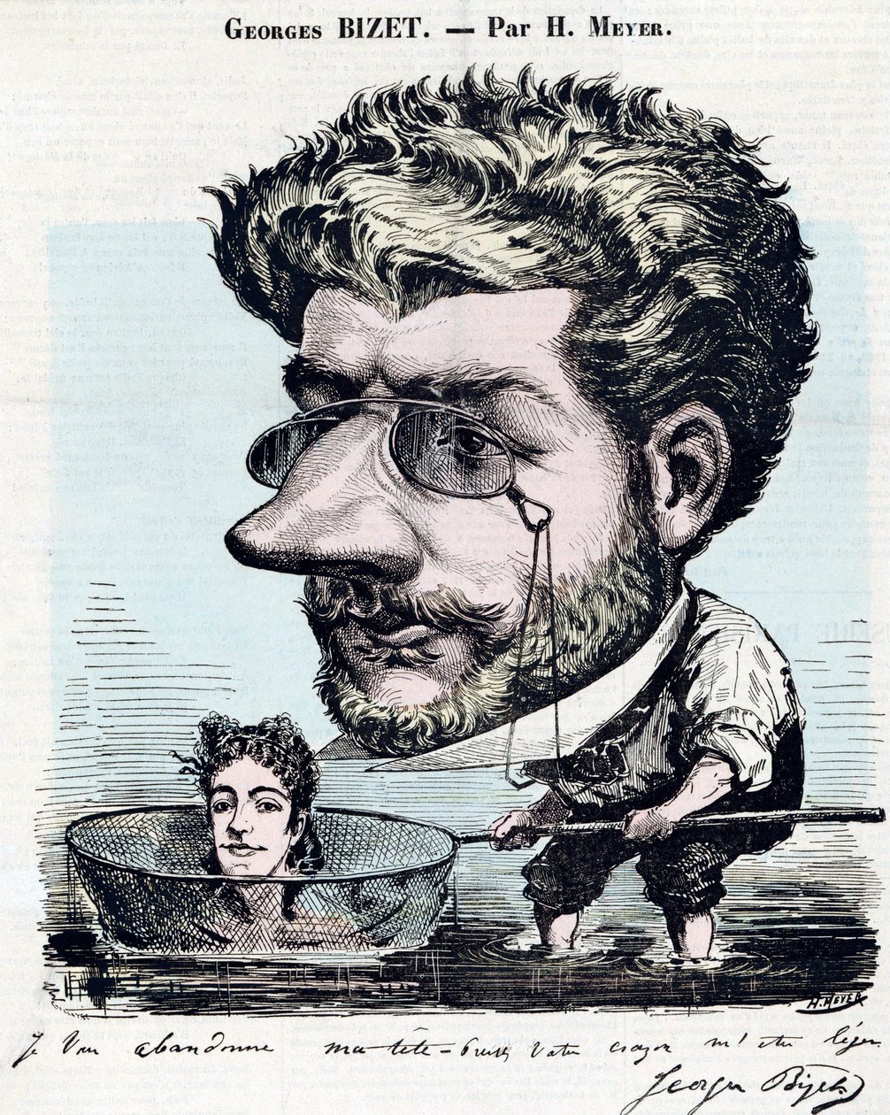 Georges Bizet (1838-1875), フランスの作曲家 - "Diogene "のためにHenri Meyer dit Reyem (1844-1899)が描いた、ビゼーの直筆サイン入りカリカチュア。 作： アンリマイヤー