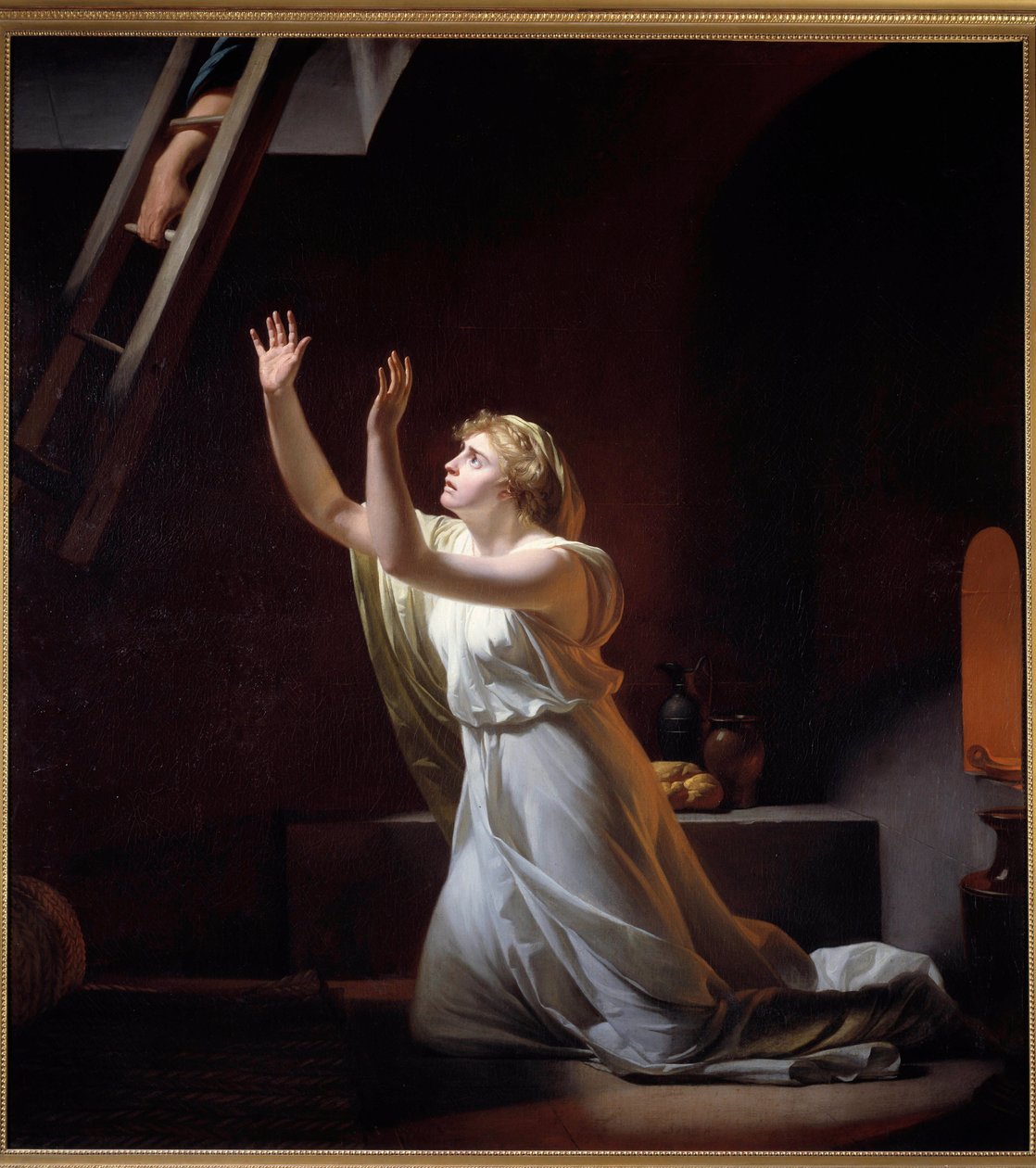 Die Folter einer Vestalin. Eine Vestalin, eine römische Priesterin, die zur Keuschheit verpflichtet ist, wird lebendig in einen Keller gebracht für ihr Vergehen. Gemälde von Henri Pierre Danloux (1753-1809) 1790 von Henri-Pierre Danloux