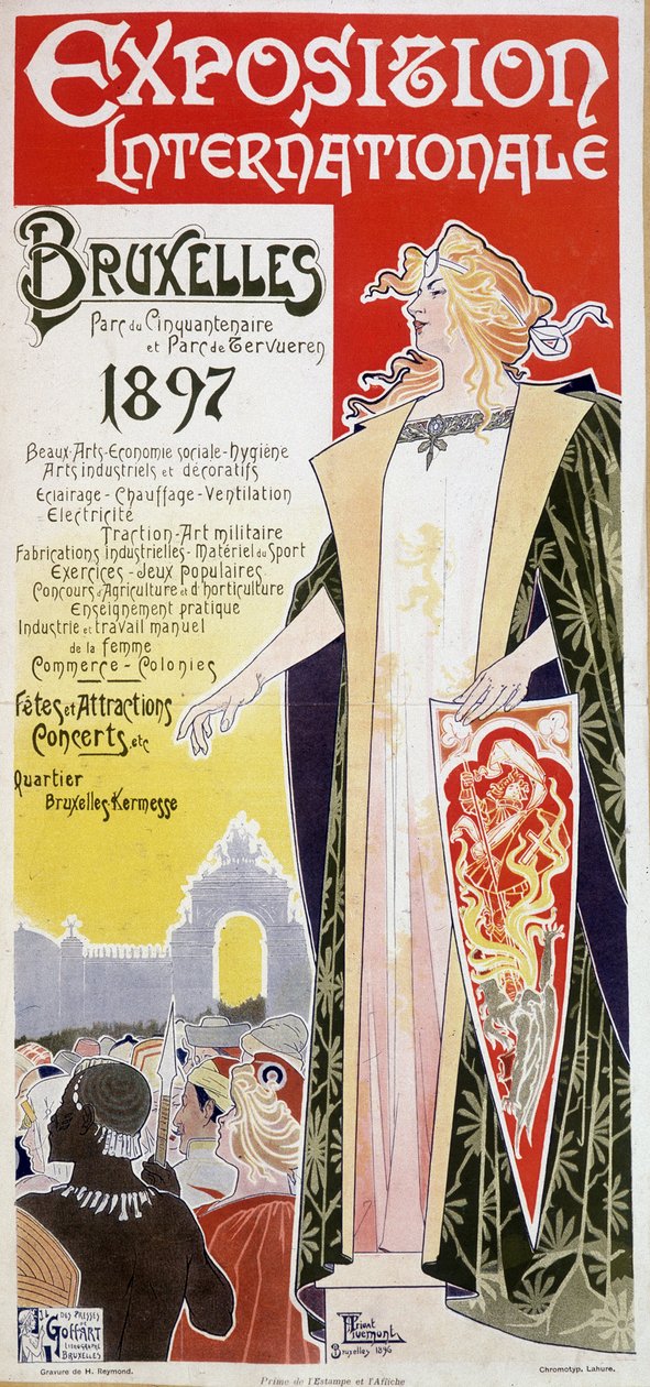 Henri Privat Antoine Theodore Livemont（Privat-Livemontと呼ばれることもある）（1861-1936）による1897年のブリュッセル国際博覧会のポスター。 作： アンリ・アントワーヌ・セオドール・リモント