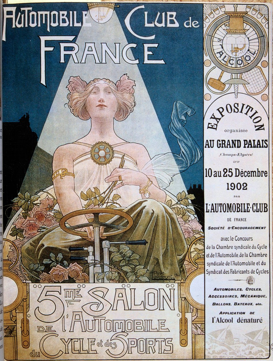 1902年にパリのグラン・パレで開催された第5回モーターショーにおけるフランス自動車クラブのポスター、Henri Privat-Livemont（1861-1936）のイラスト、Versailles, Municipal Library - 第5回モーターショーにおけるフランス自動車クラブのポスター。 作： アンリ・アントワーヌ・セオドール・リモント
