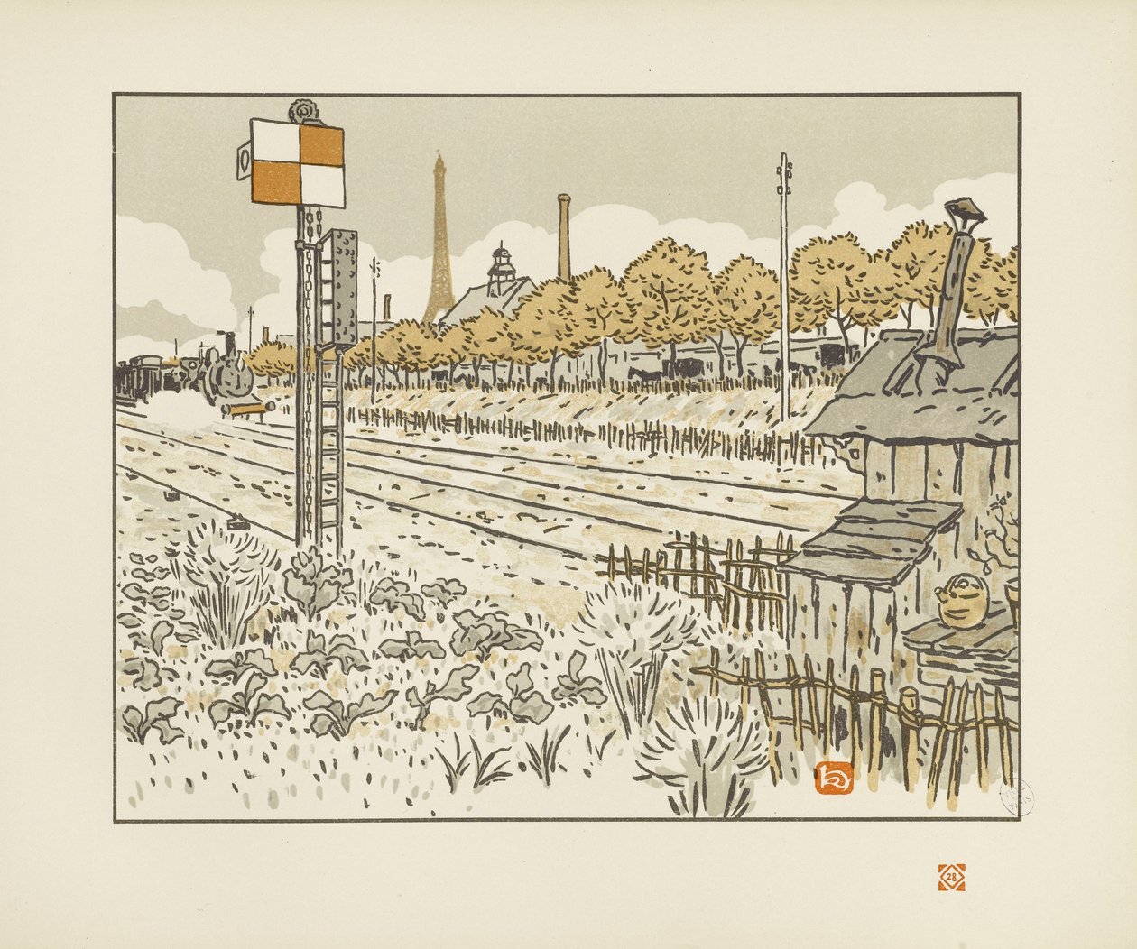 ジャヴェル河岸から（転轍手の小屋）［エッフェル塔三十六景］ 作： アンリ・リヴィエール