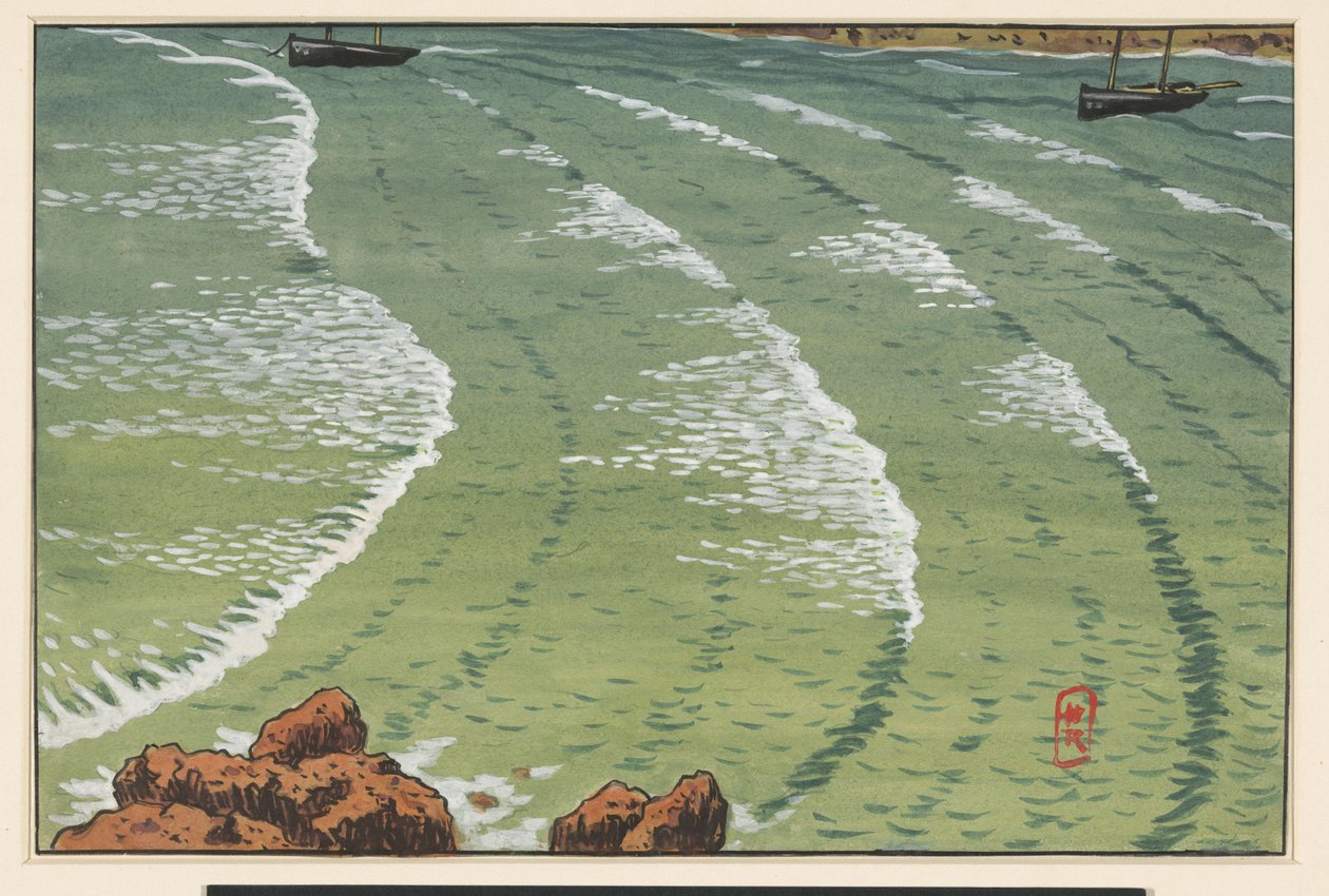 入り江にある海。岩だらけの海岸の前に船が停泊している。 作： アンリ・リヴィエール