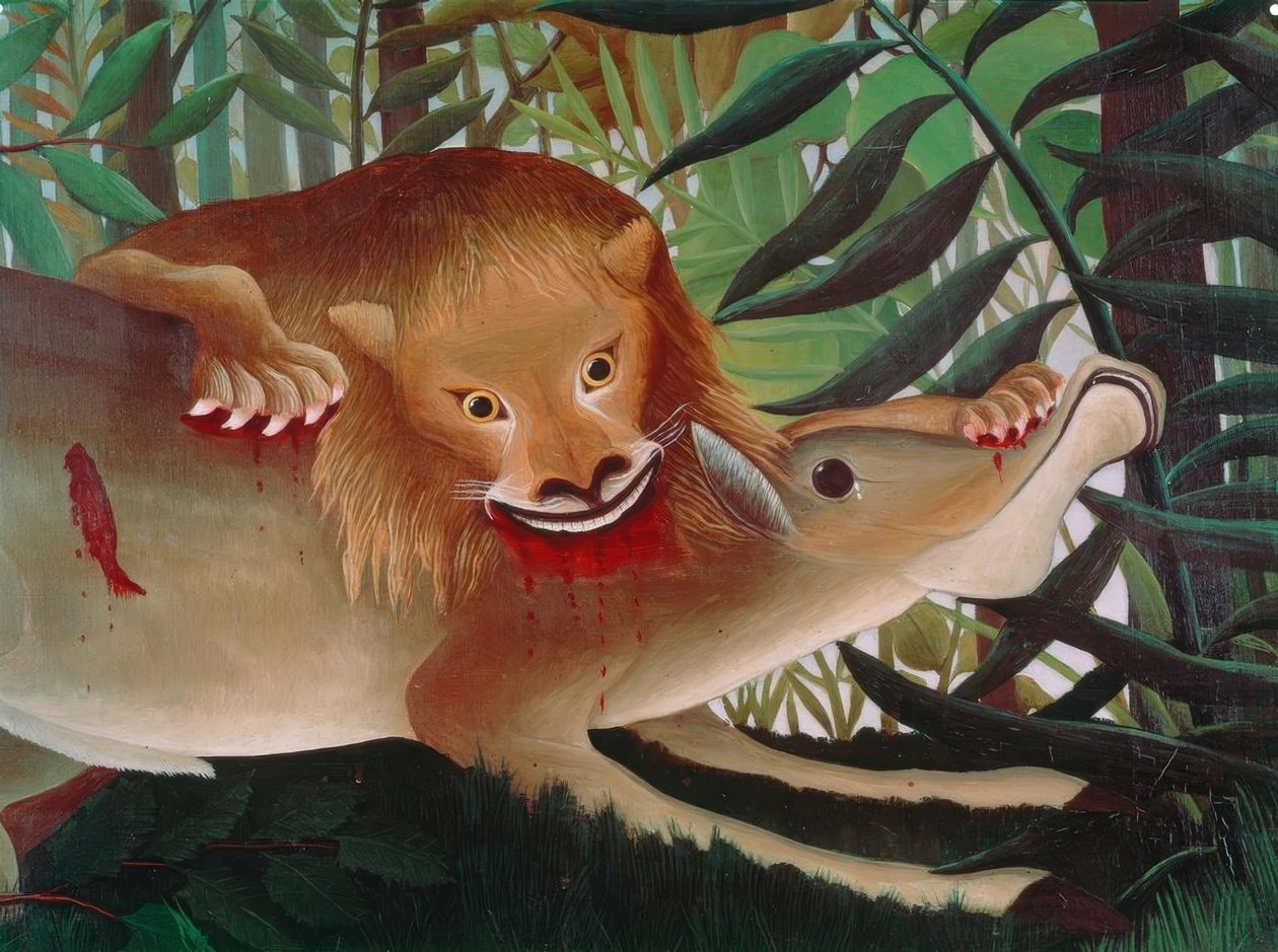 空腹のライオンがカモシカに襲いかかる