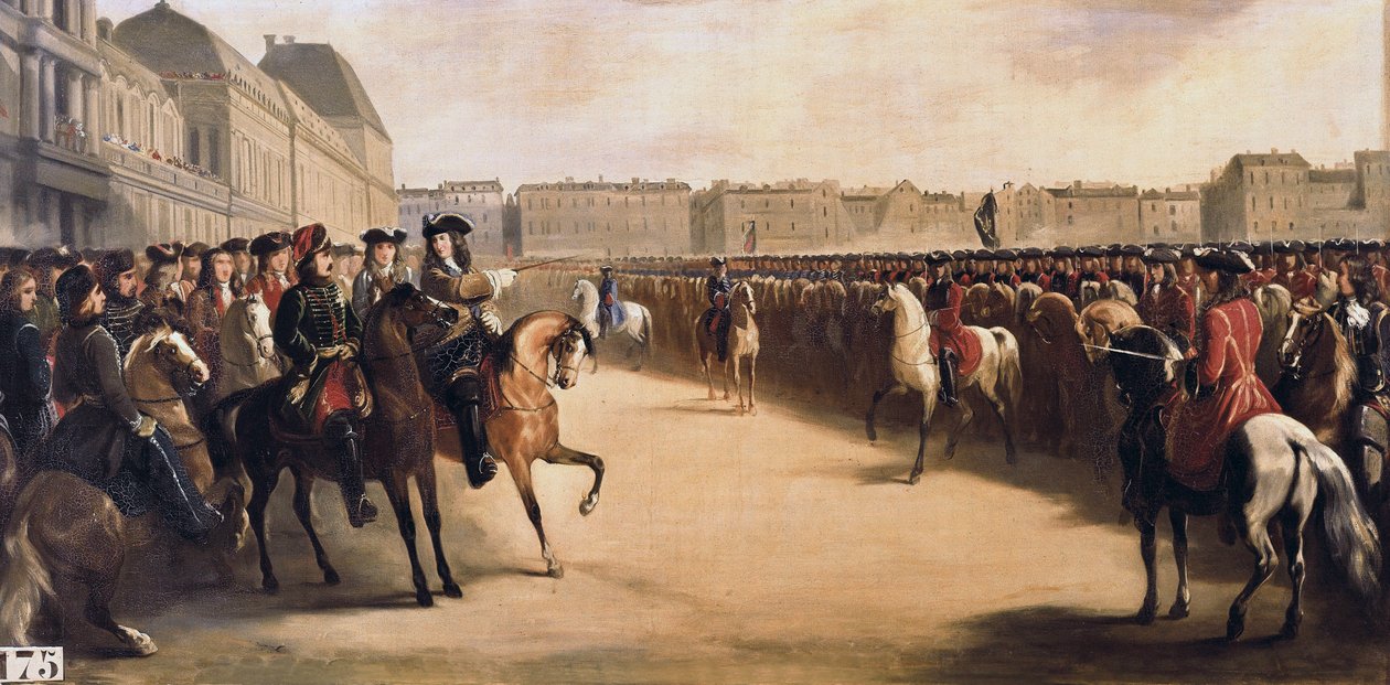 ロシア皇帝ピョートル1世（1672-1725）が摂政のオルレアン公フィリップ2世（1674-1723）を伴ってフランスを訪問した際、1717年6月16日にチュイルリー（パリ）で騎馬軍団を閲兵した際の様子。 作： アンリ・セルール