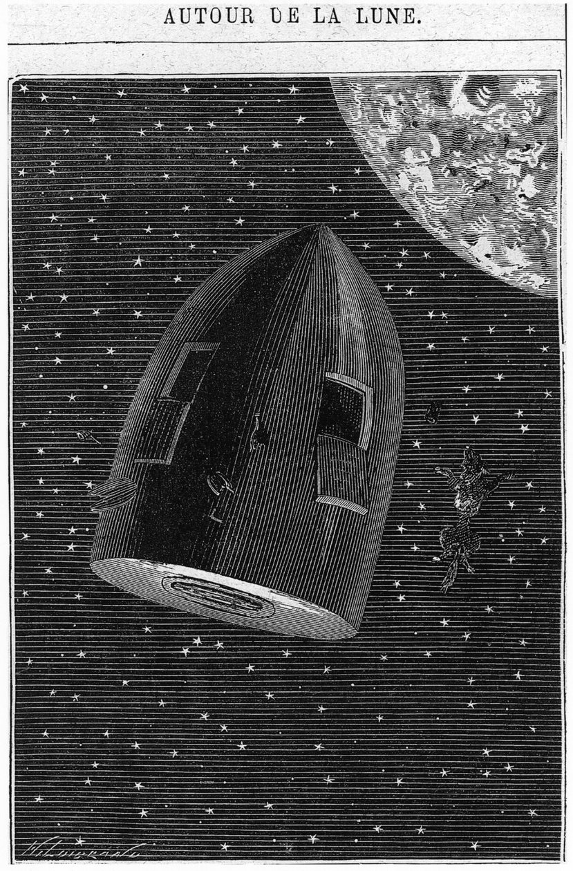 月へ向けて出発、ジュールヴェルヌ（1828〜1905）による「月の周り」のイラストパリ、ヘッツェル 作： アンリ・テオフィル・ヒルディブランド