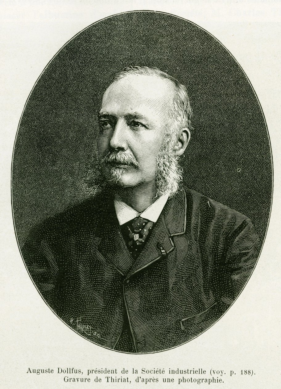 オーギュスト・ドルファス、産業会社ドルフ・ミエッグの社長。1885年、ドイツ人旅行者シャルル・グラッドが、エドゥアール・シャルトン（1807）の指揮の下、1886年のツアー・デュ・モンドに掲載した「アルザスとロレーヌを通って」という物語を説明するために、ティリアットが描いた版画。 作： アンリ・ティリアット