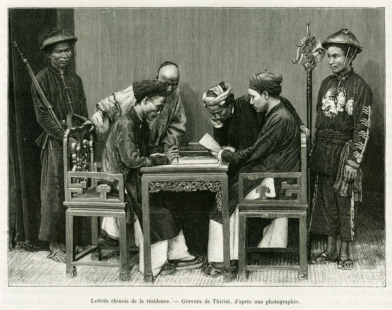 ハノイのフランス人居住区からの中国語の手紙。エドゥアール・シャルトン（1807-1890）監督の『le tour du monde 1889』に収録されているオカール医師の『Trente mois au Tonkin in 1884』という物語を説明するために、写真をもとにティリアットが描いた版画。 作： アンリ・ティリアット