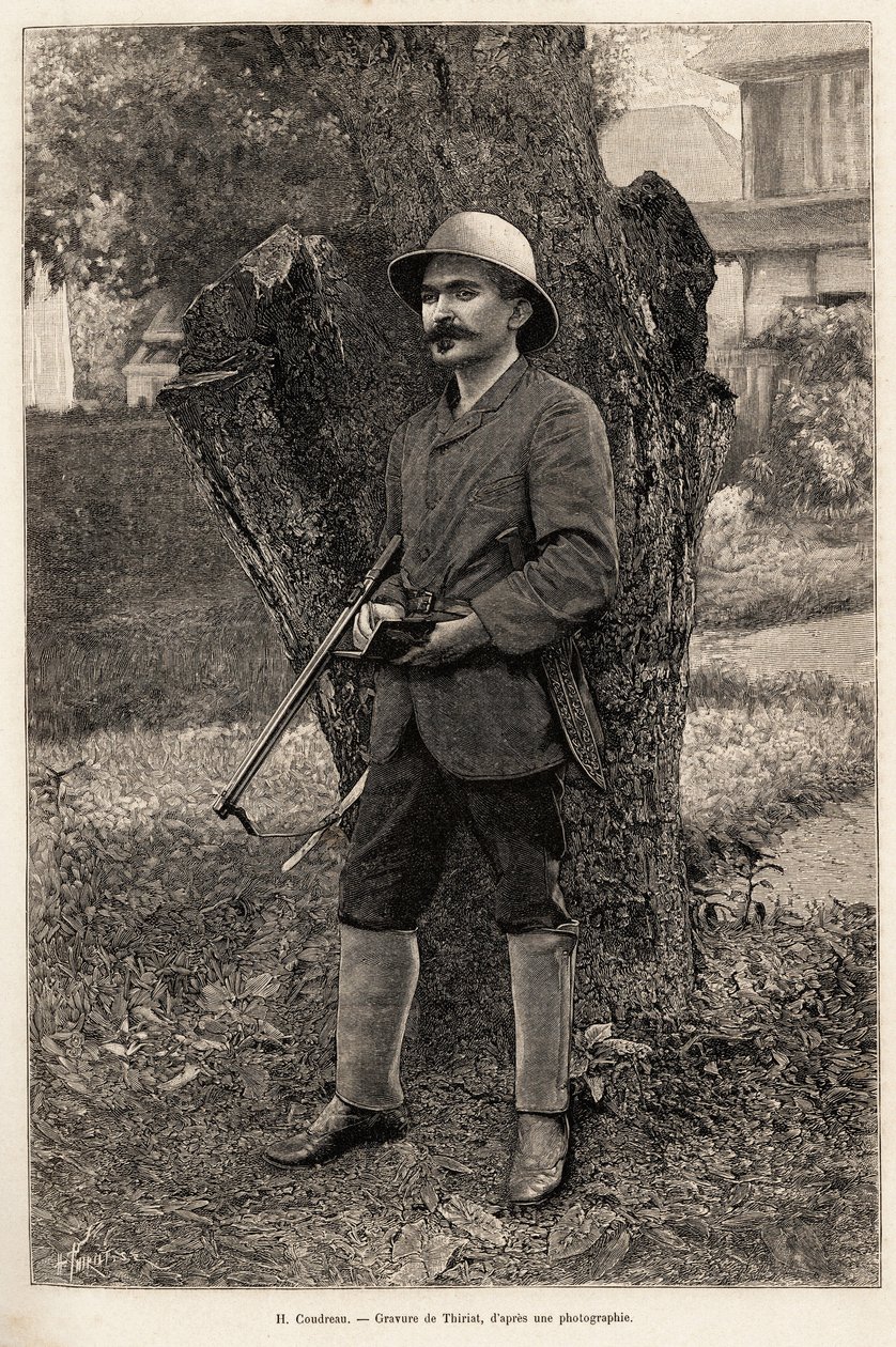 地理学の教授であり、アマゾン（ブラジル）の探検家であったHenri Coudreau（1859-1899）の肖像。Thiriatによる「chez nos indiens, quatre annees de voyage dans la Guiane francaise」という物語のためのエングレーヴィング。 作： アンリ・ティリアット