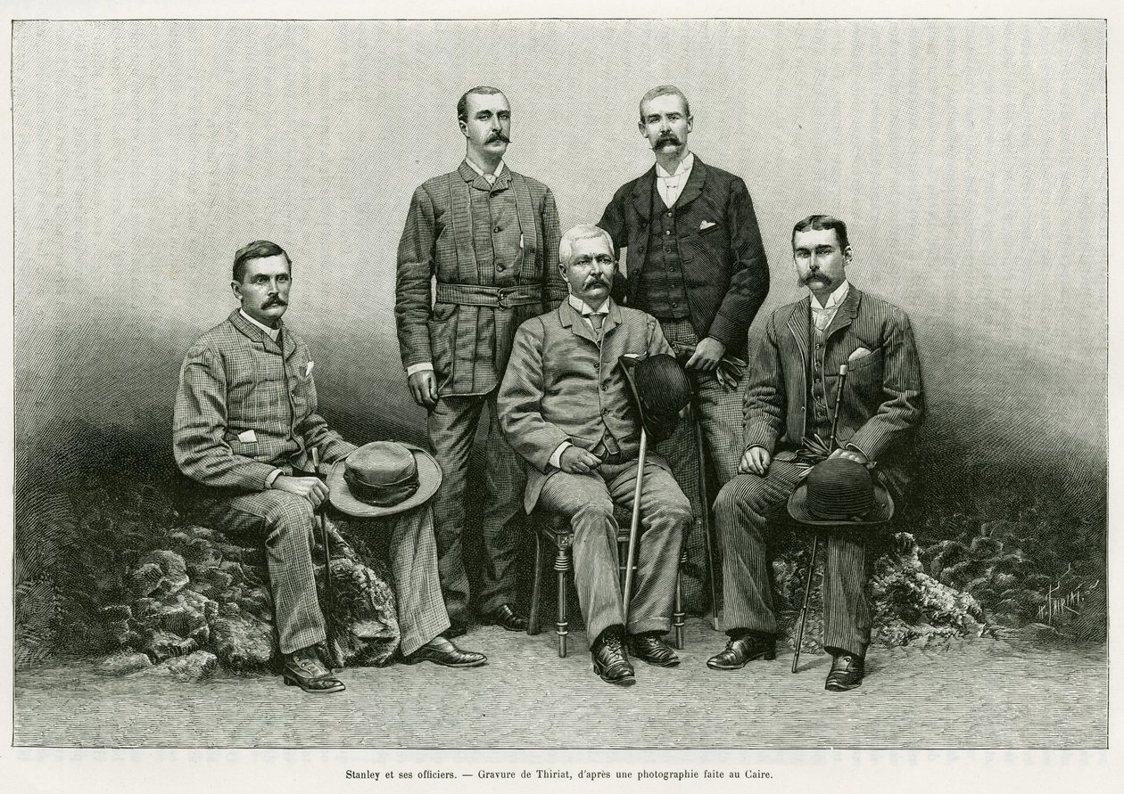 Porträt von Henry Morton Stanley (John Rowlands 1841-1904) mit seinen Offizieren: Dr. Thomas Heazle Parke, Robert H. Nelson, William G. Stairs und Arthur J. M. Jephson. Gravur von Thiriat, zur Illustration der Geschichte 