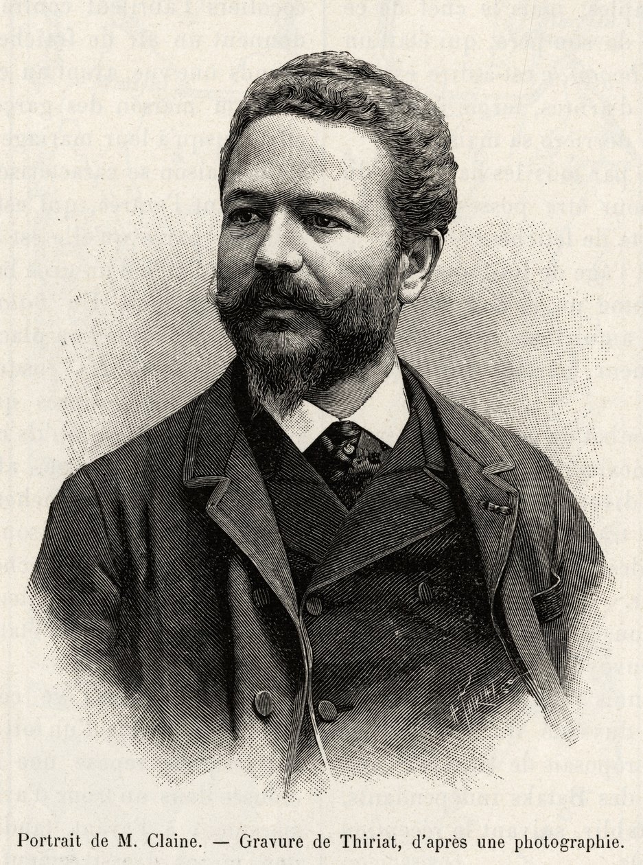 探検家・外交官であり、この物語の著者であるジュール・クレーヌ（1856-1939）の肖像。ジュール・クレーヌ（1856-1939）の物語「マレーシアの一年」を説明するためのティリアットによるエングレーヴィング。 作： アンリ・ティリアット