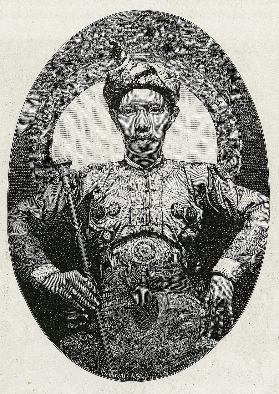 1880年、ソウルー（またはスールー）（フィリピン）のスルタン、モハメド・ヤマルル・アラムの肖像。物語「フィリピンへの旅」のためのティリアットによるエングレーヴィング 作： アンリ・ティリアット