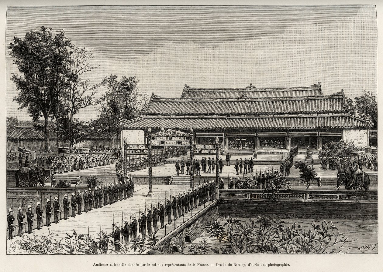 アンナムの皇帝ドンカン王（1864-1889）がフエ（ベトナム）の帝都でフランスの代表に与えた厳粛な謁見。Charles Edouard Hocquard（1853-191）博士の物語「トンキンの時間」を説明するためのThiriatの版画。 作： アンリ・ティリアット