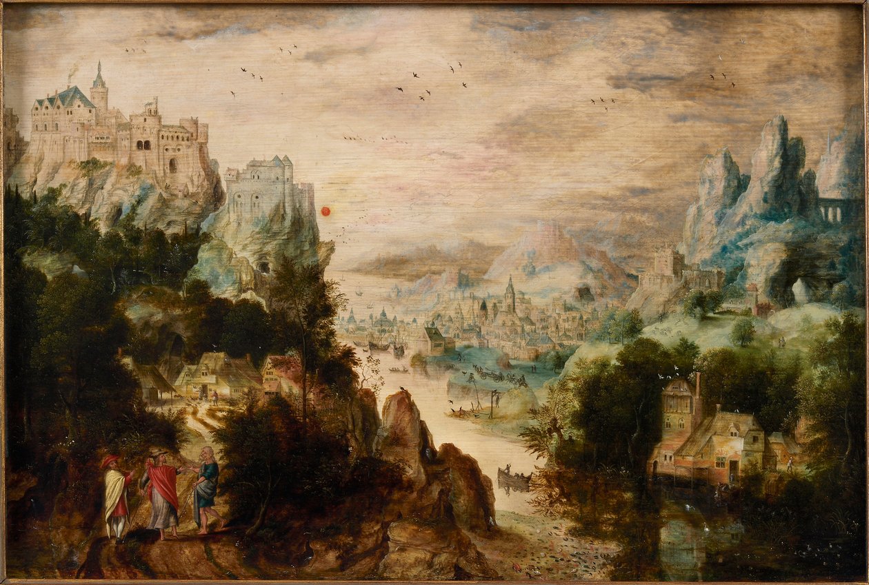 エマオへの道のある風景、1540 年頃。 作： アンリ・デ・ヘリとデ・ブレスの出会い