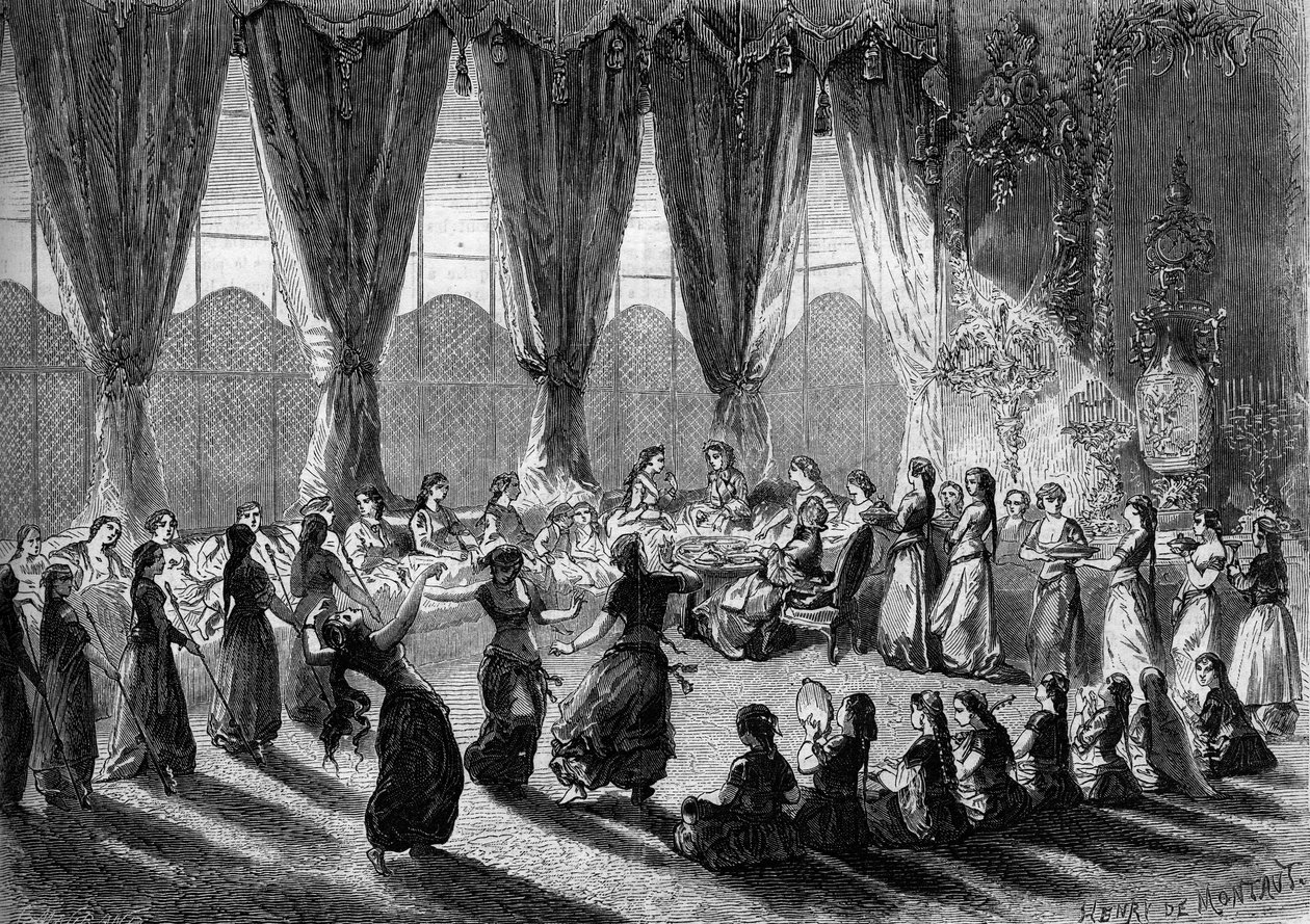 Empfang europäischer Damen im Serail von Kairo durch die Vizekönigin von Ägypten. Dienerinnen bringen die Speisen, während Musiker und Tänzer die Show aufführen. 19. Jahrhundert. Gravur von Henri de Montaut in „Die illustrierte Welt“ Nr. 320 vom 30. Mai 18 von Henri de Montaut