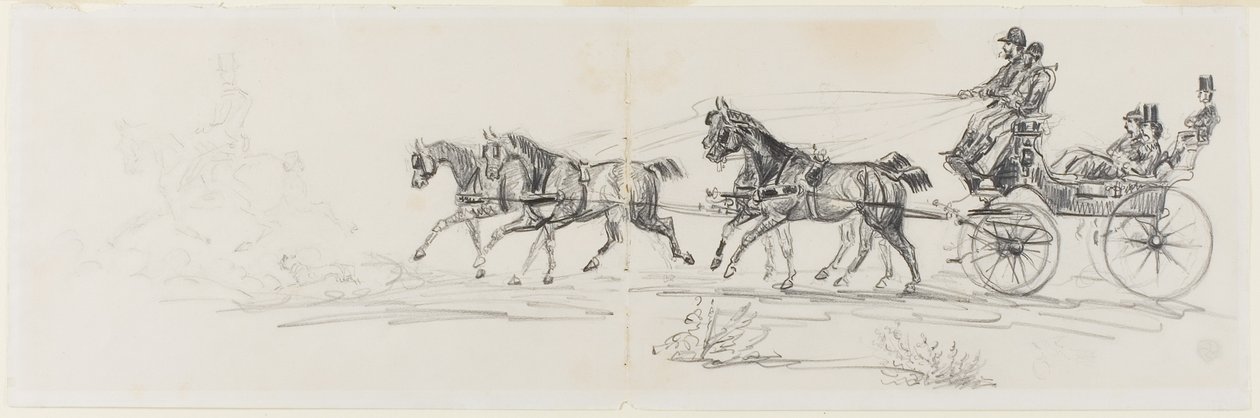 シングルライダー（レクト）が先行する馬車。 毛布と頭、馬、凱旋門のスケッチで馬に乗る男 (裏面) 作： アンリ・ド・トゥールーズ・ロートレック