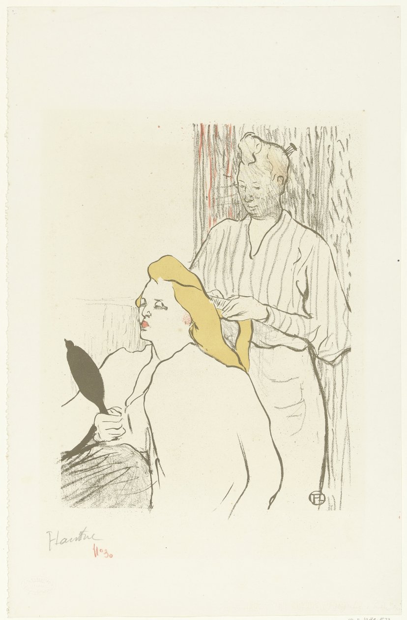美容師は鏡を手に座っている女性の髪をとかす ル ヘアドレッサー Program du Théâtre Libre 作： アンリ・ド・トゥールーズ・ロートレック（アーティストによる署名）